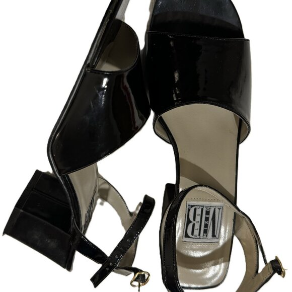 Vintage Mixed Blues Black Patent Leather Low Block Heel Sandals - Picture 2 of 10